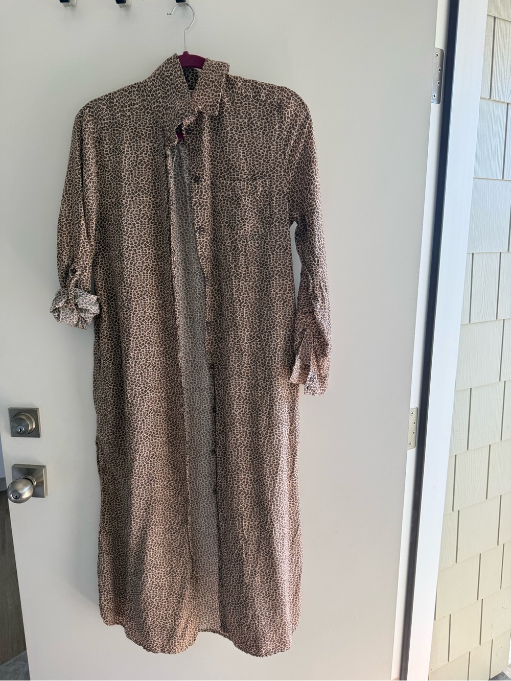 Button-Front Maxi Shirt Dress in Taupe Leopard Print